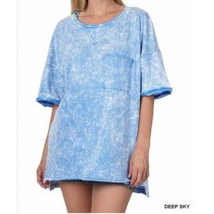 NWOT Zenana Deep Sky Blue Acid Wash Pocketed Raw Edge T-shirt Size 3X